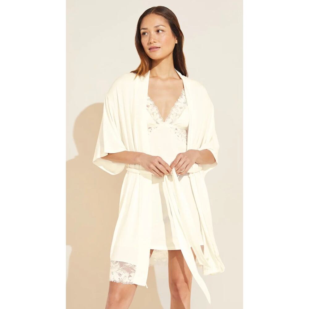 Eberjey Rosalia Tencel Modal Ivory Robe Lace Tie Womens Small